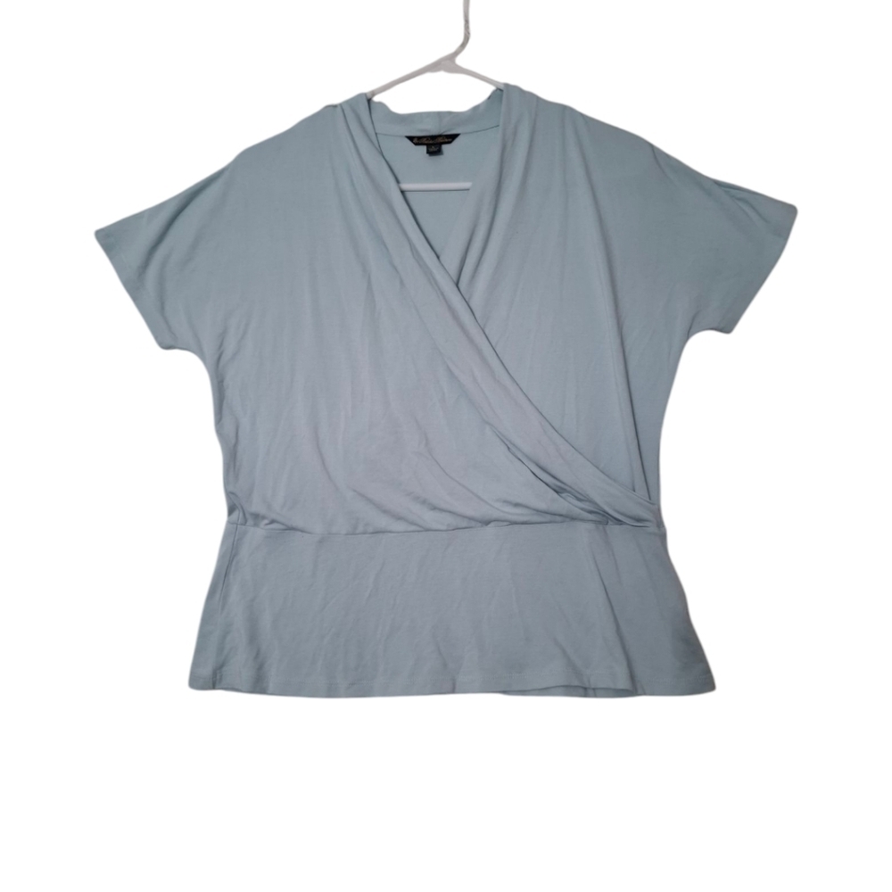 Brooks Brothers Wrap Blue Top Womens Size Large Draped Short Sleeve Rayon